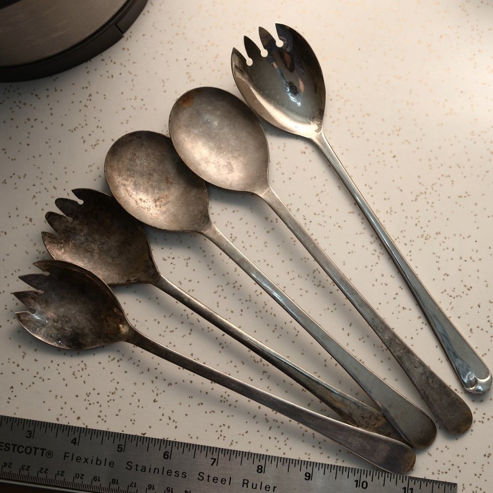 lot of 5 vintage old Sheffield England silver plated serving salad spoon fork